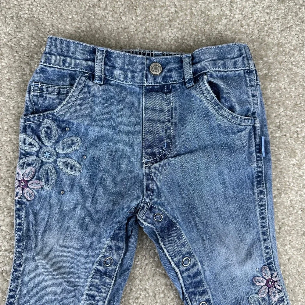Vtg Carter's Kids Floral Embroidered Denim Jeans Baby Girls 9-12M Blue Snaps